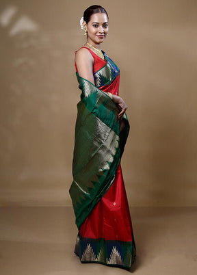 Red Handloom Kanchipuram Pure Silk Saree With Blouse Piece