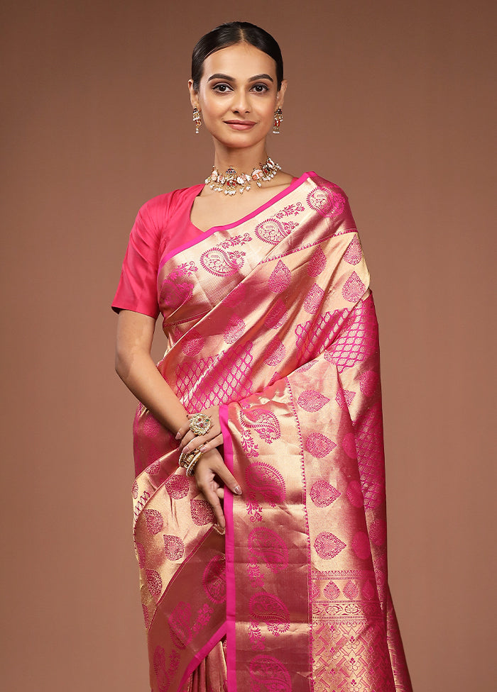Pink Handloom Kanjivaram Pure Silk Saree With Blouse Piece