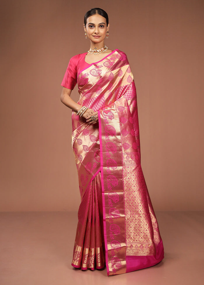 Pink Handloom Kanjivaram Pure Silk Saree With Blouse Piece