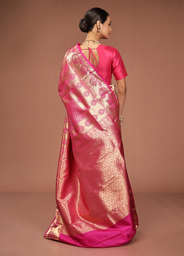 Pink Handloom Kanjivaram Pure Silk Saree With Blouse Piece