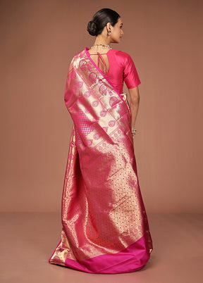 Pink Handloom Kanjivaram Pure Silk Saree With Blouse Piece