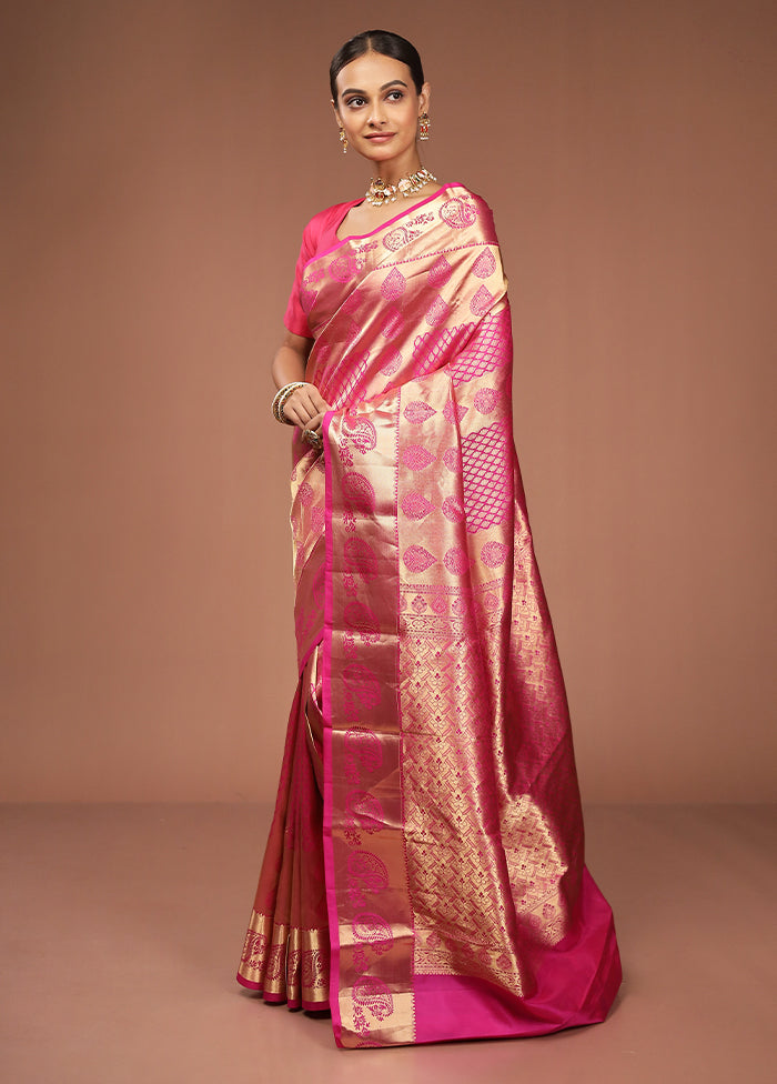 Pink Handloom Kanjivaram Pure Silk Saree With Blouse Piece