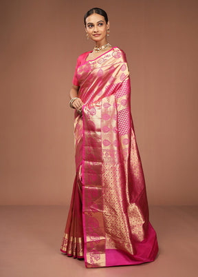 Pink Handloom Kanjivaram Pure Silk Saree With Blouse Piece