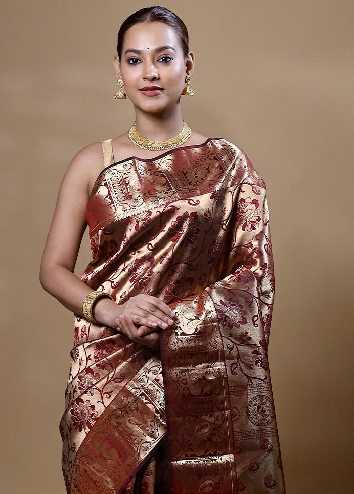 Golden Handloom Kanjivaram Pure Silk Saree With Blouse Piece