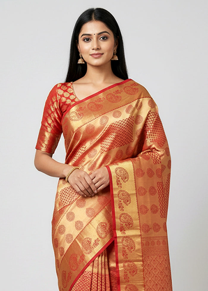 Red Handloom Kanjivaram Pure Silk Saree With Blouse Piece