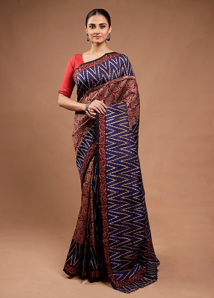 Blue Printed Silk Saree Without Blouse Piece
