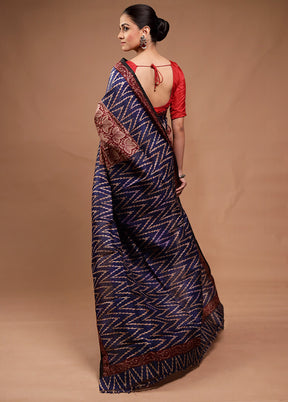 Blue Printed Silk Saree Without Blouse Piece
