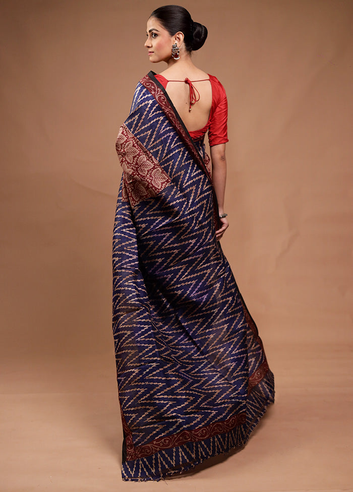 Blue Printed Silk Saree Without Blouse Piece