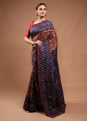 Blue Printed Silk Saree Without Blouse Piece