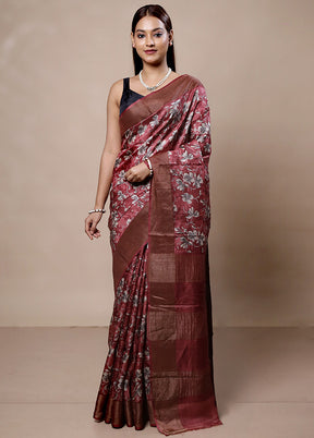 Maroon Tussar Silk Saree With Blouse Piece