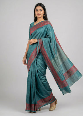 Blue Handloom Tussar Pure Silk Saree With Blouse Piece