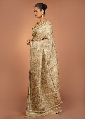 Cream Handloom Tussar Pure Silk Saree With Blouse Piece