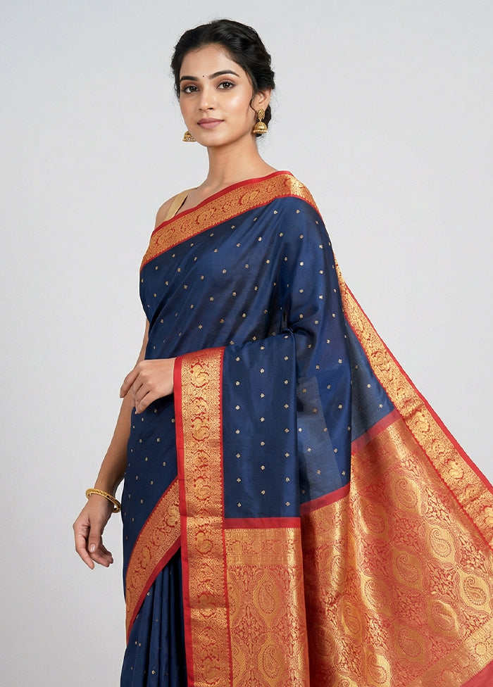 Blue Kanjivaram Silk Saree With Blouse Piece