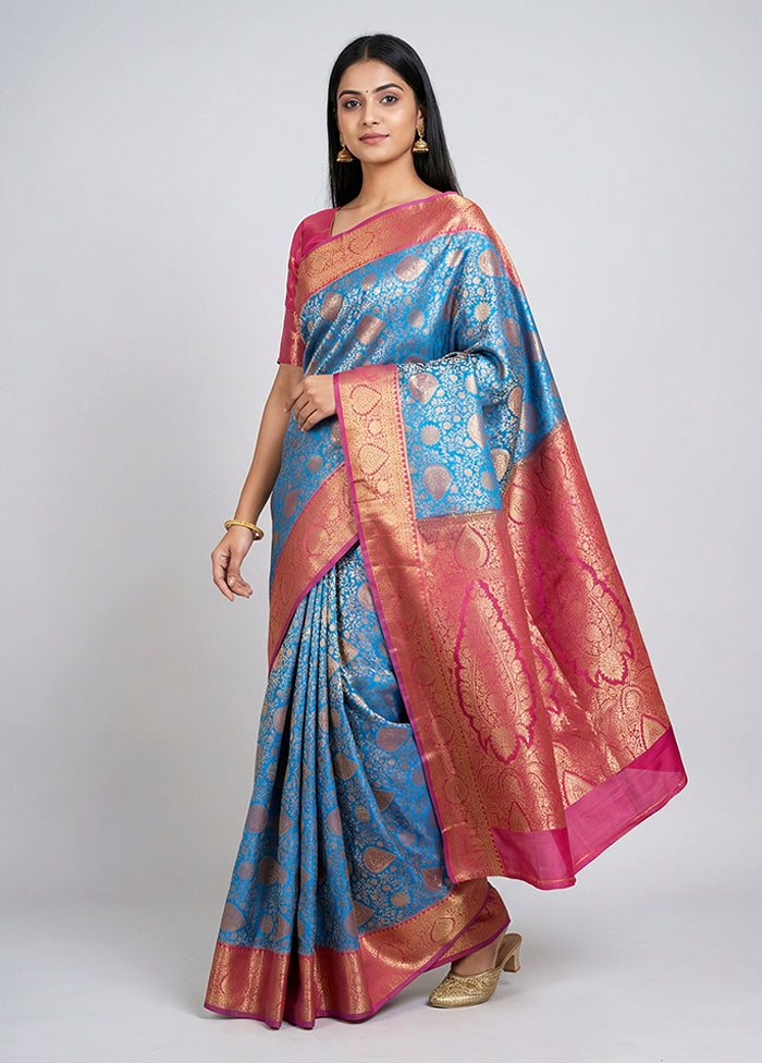 Blue Kanjivaram Silk Saree With Blouse Piece