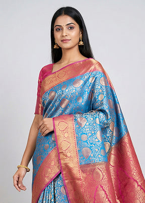 Blue Kanjivaram Silk Saree With Blouse Piece