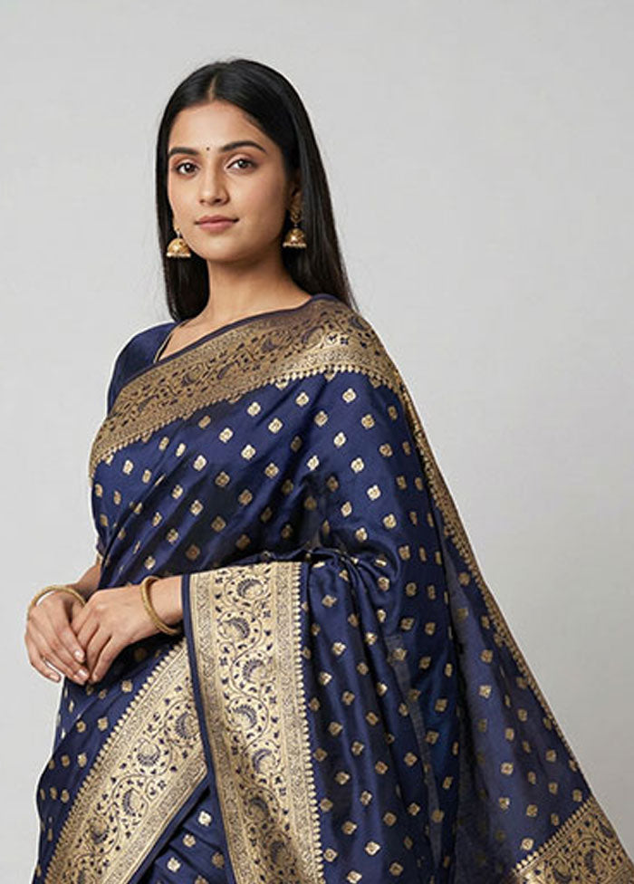 Blue Banarasi Silk Saree With Blouse Piece