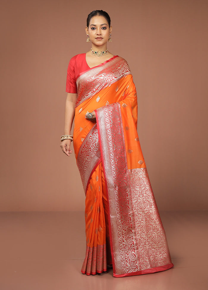 Orange Katan Silk Saree With Blouse Piece