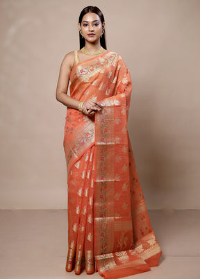 Peach Kora Silk Saree With Blouse Piece
