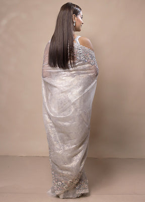 Grey white Silk Saree With Blouse Piece
