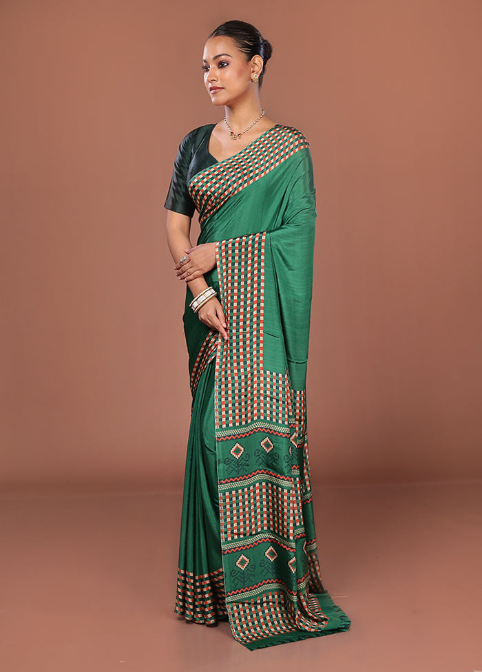 Green Printed Silk Saree Without Blouse Piece