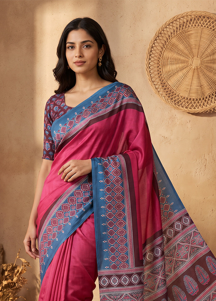 Pink Printed Silk Saree Without Blouse Piece