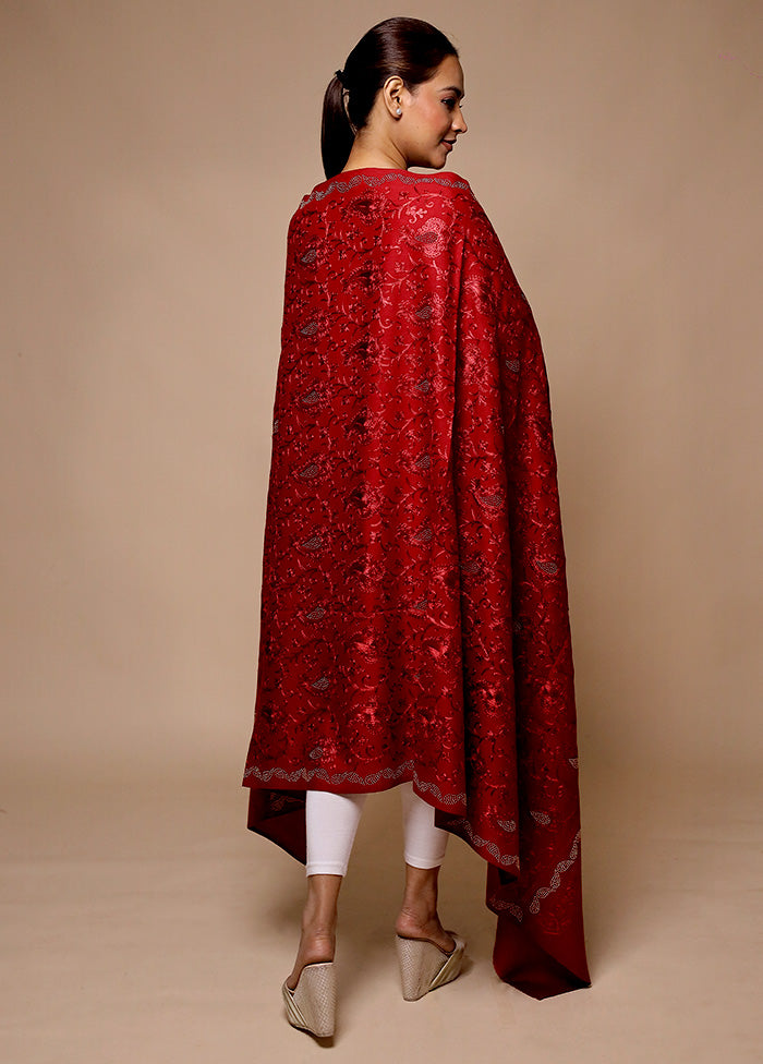 Red Butta Work With Zari Woven Border Shawl