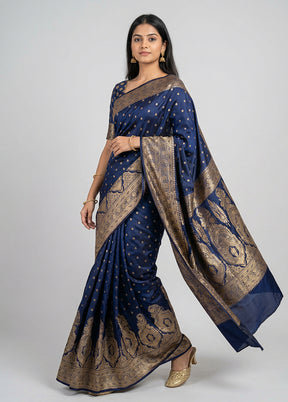 Blue Banarasi Silk Saree With Blouse Piece