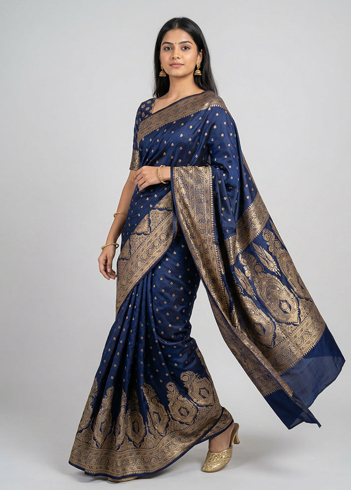 Blue Banarasi Silk Saree With Blouse Piece