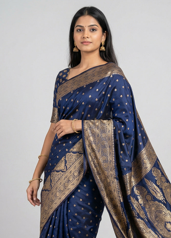 Blue Banarasi Silk Saree With Blouse Piece