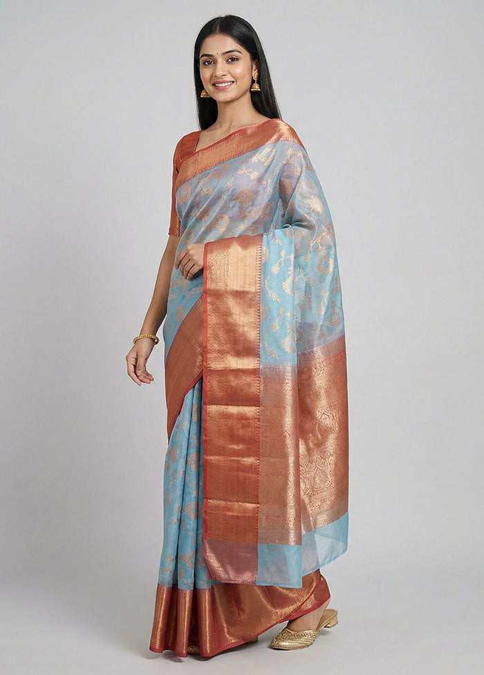 Blue Organza Saree With Blouse Piece