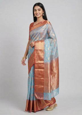 Blue Organza Saree With Blouse Piece