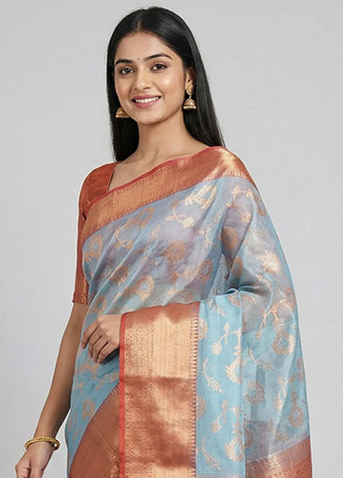 Blue Organza Saree With Blouse Piece