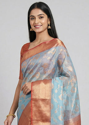 Blue Organza Saree With Blouse Piece