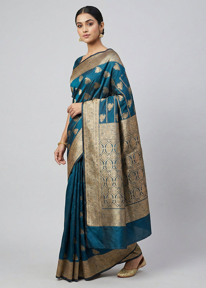 Blue Banarasi Silk Saree With Blouse Piece
