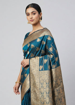 Blue Banarasi Silk Saree With Blouse Piece