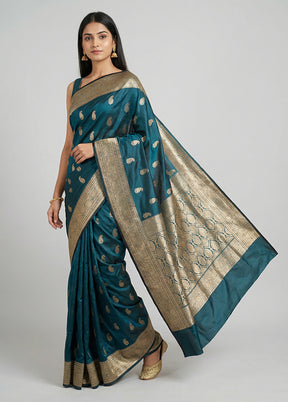 Blue Banarasi Silk Saree With Blouse Piece