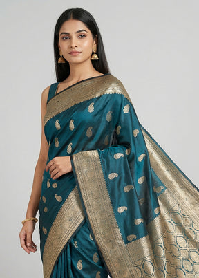 Blue Banarasi Silk Saree With Blouse Piece