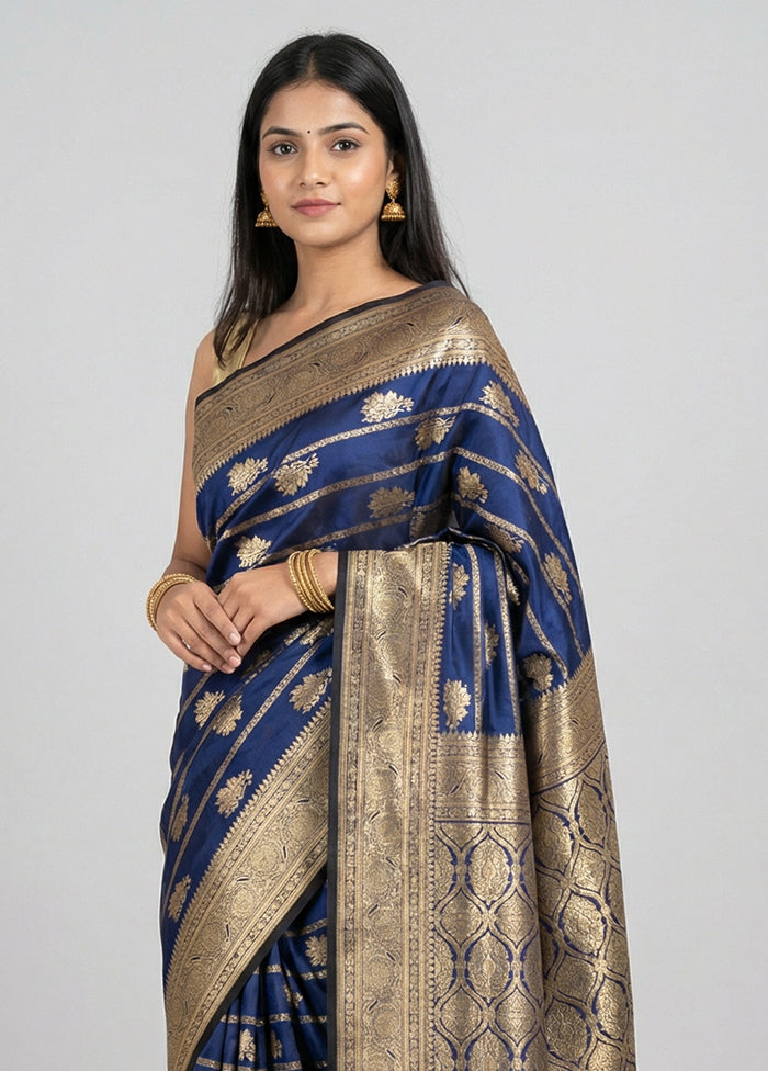 Blue Banarasi Silk Saree With Blouse Piece
