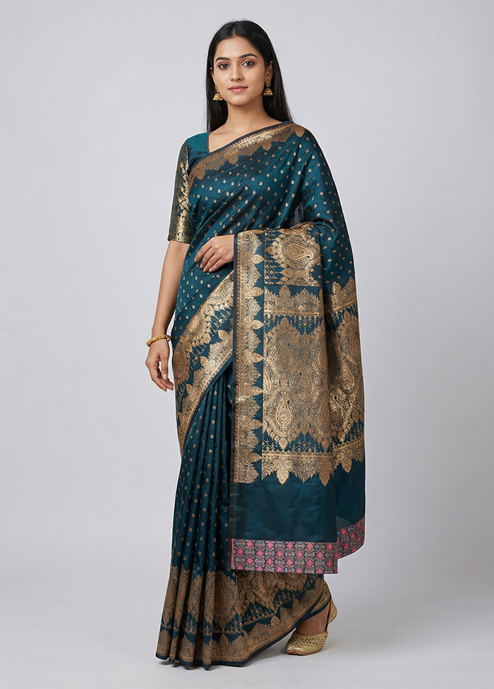 Blue Banarasi Silk Saree With Blouse Piece