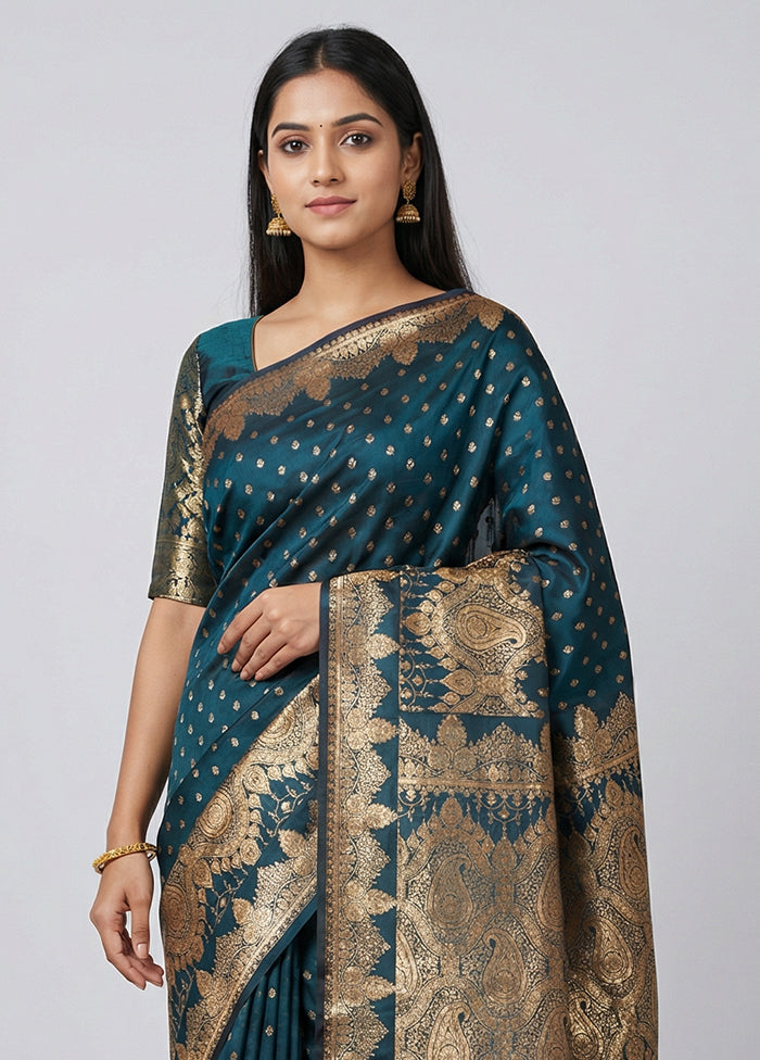 Blue Banarasi Silk Saree With Blouse Piece