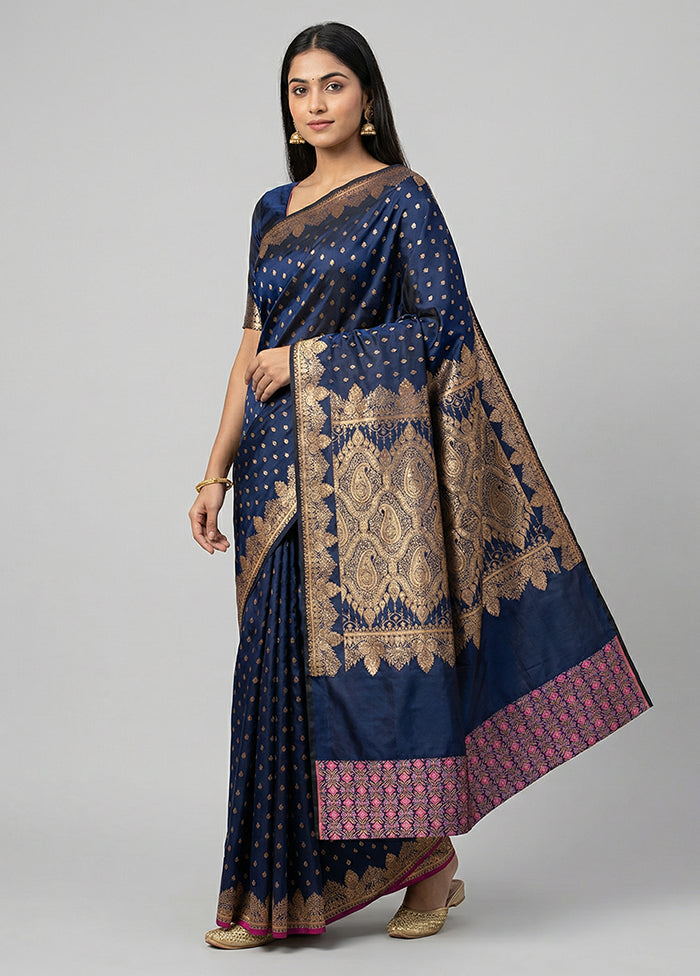 Blue Banarasi Silk Saree With Blouse Piece