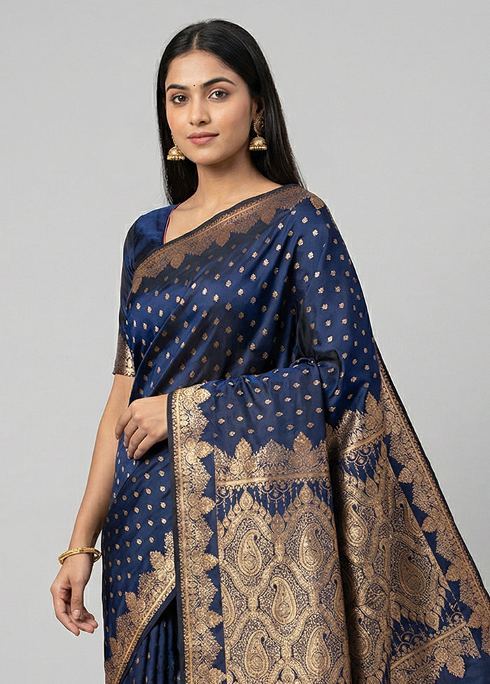 Blue Banarasi Silk Saree With Blouse Piece