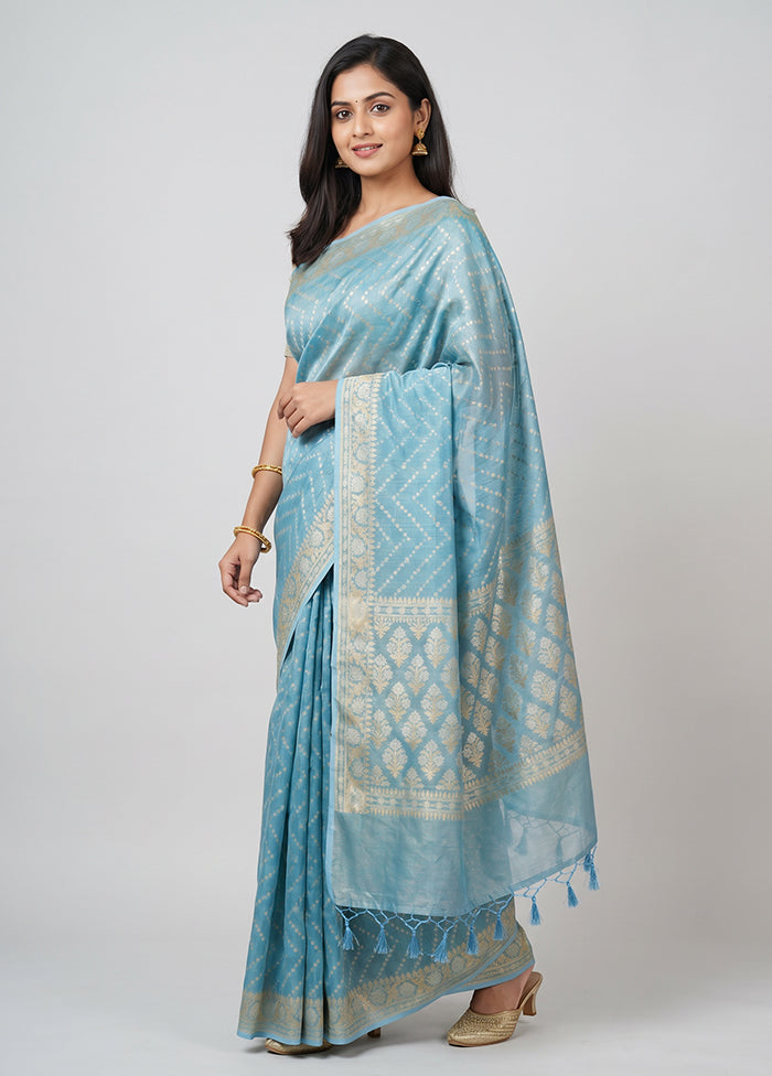 Blue Tissue Silk Saree With Blouse Piece