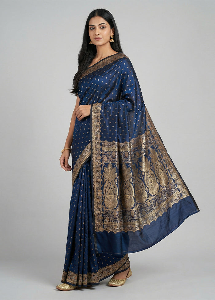 Blue Banarasi Silk Saree With Blouse Piece