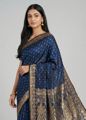 Blue Banarasi Silk Saree With Blouse Piece