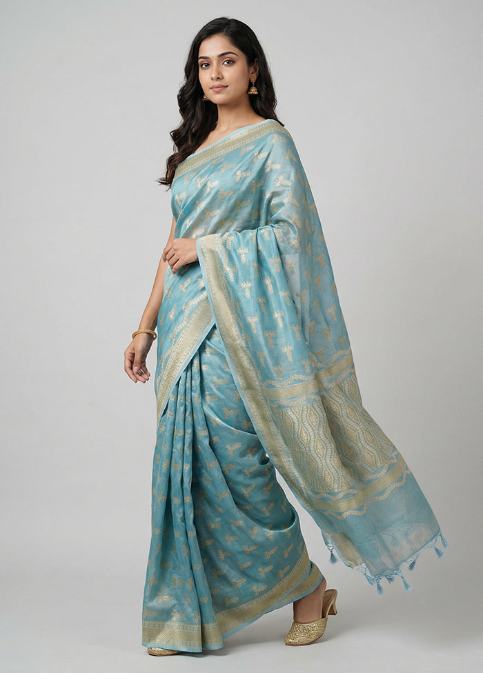 Blue Tissue Silk Saree With Blouse Piece