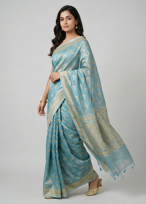 Blue Tissue Silk Saree With Blouse Piece
