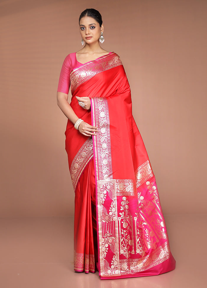 Pink Banarasi Silk Saree With Blouse Piece