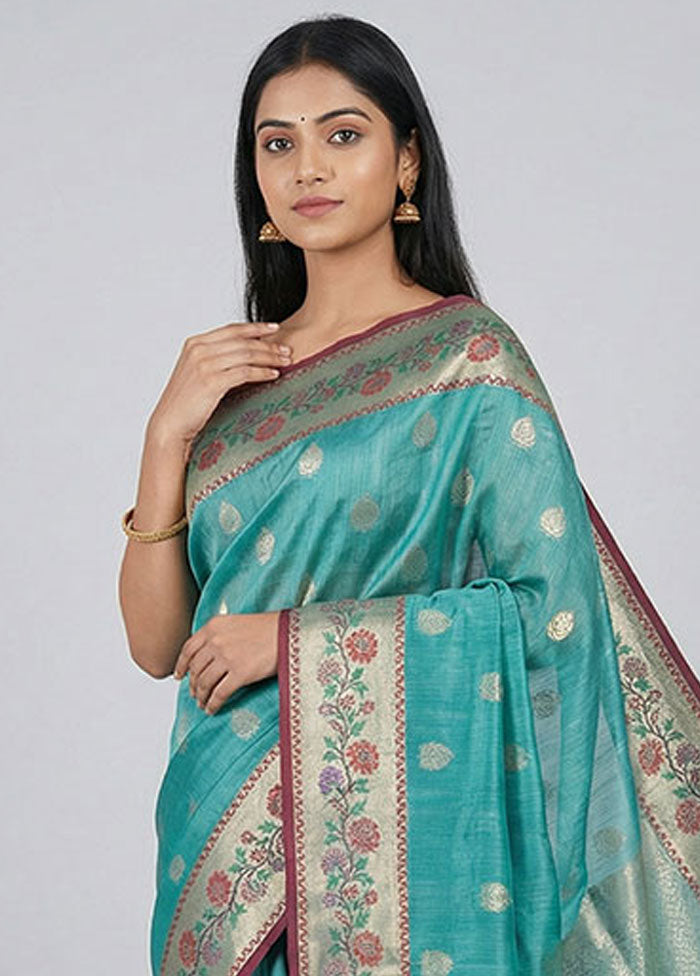 Green Cotton Saree With Blouse Piece