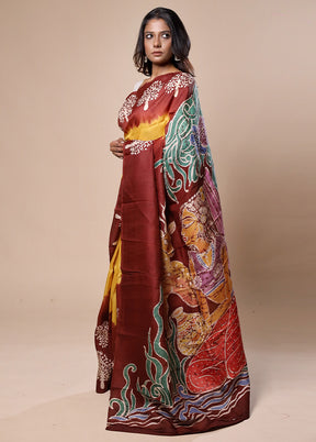 Yellow Printed Silk Saree Without Blouse Piece
